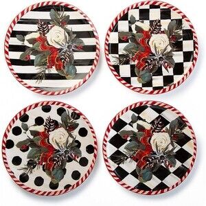 MacKenzie-Childs Scottish Bouquet Plates Set of 4 NEW in Box 7” Stoneware